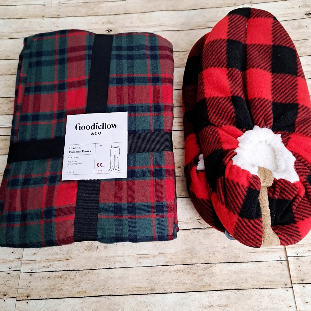 Lot of 2 Goodfellow Flannel Pajamas Pants & Fuzzy Babba Men's Slipper So…